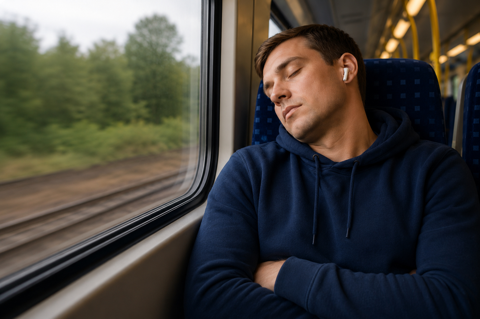 A traveller napping on a train with earphones in